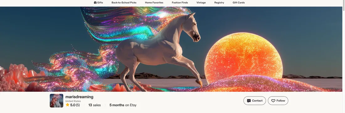 Maris Dreaming Etsy storefront, August 2026 — live shop header